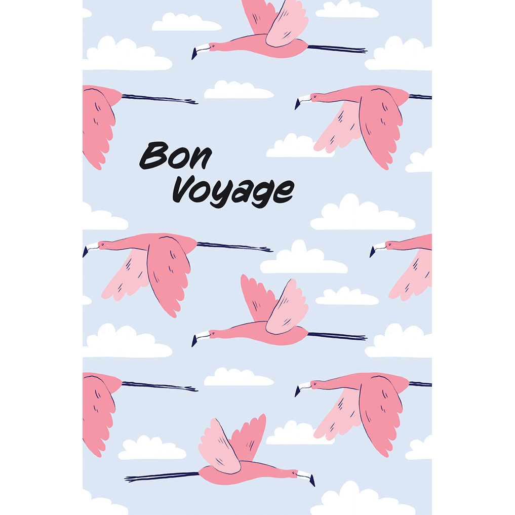 Colorful Flamingo Bon Voyage good luck card by Cardmore, featuring vibrant tropical flamingo design on everyday greeting card.